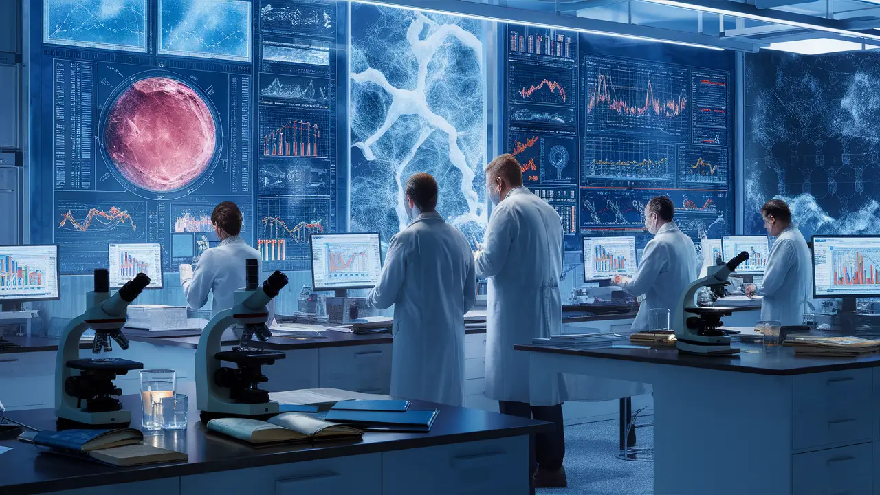Laboratório com cientistas analisando gráficos em telas de computador, microscópios e revistas médicas sobre mesas.