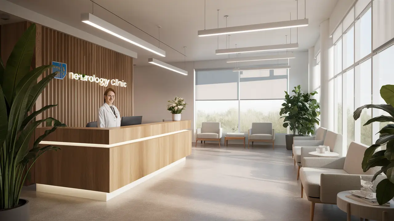 Recepção de clínica neurológica moderna com funcionário amigável, plantas verdes e assentos confortáveis.