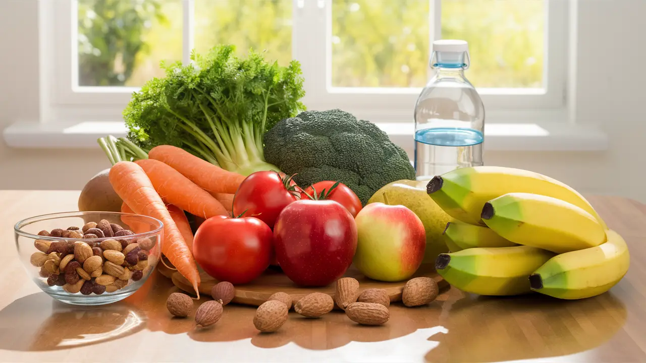 Frutas e vegetais frescos em uma mesa de madeira com uma tigela de nozes e garrafa de água ao sol.