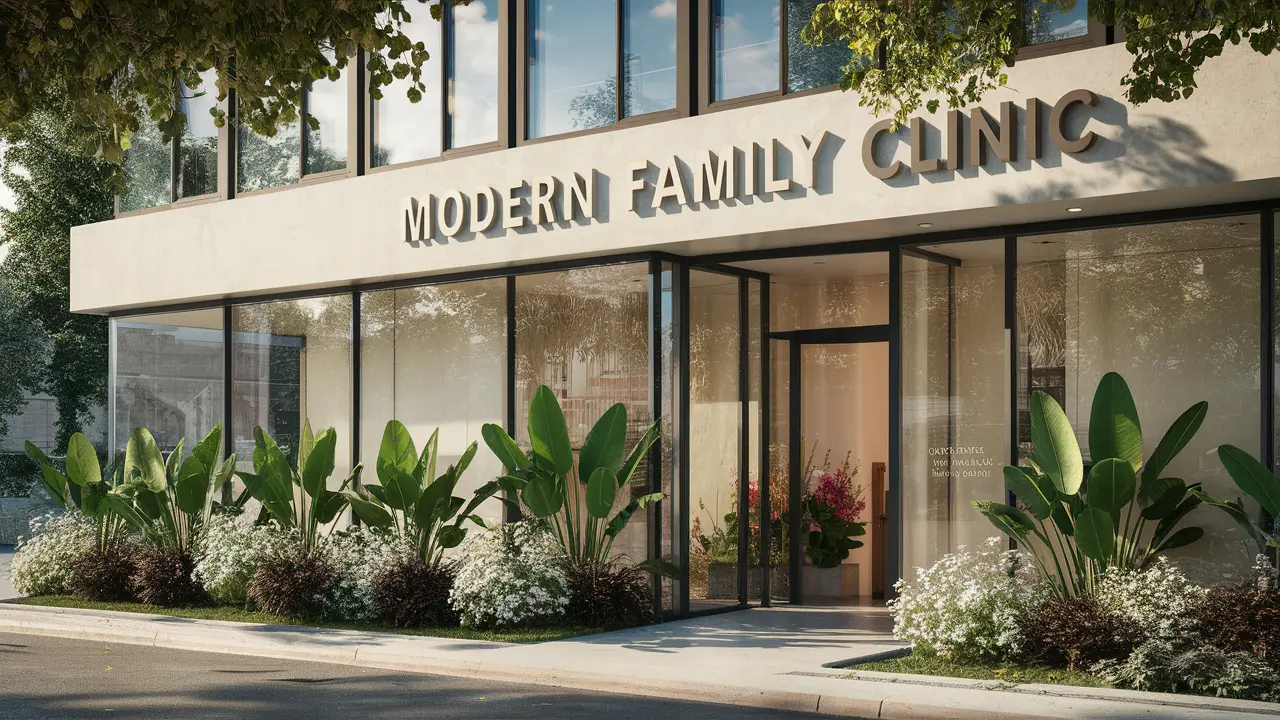 Fachada de uma clínica moderna com janelas de vidro grandes e flores coloridas na entrada.