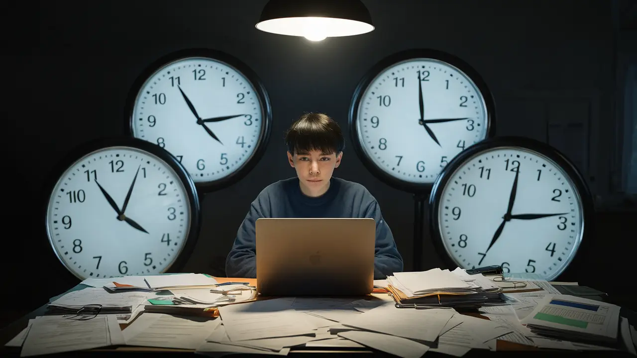 Pessoa em uma mesa bagunçada com papéis e um laptop, cercada por grandes relógios mostrando horários diferentes.