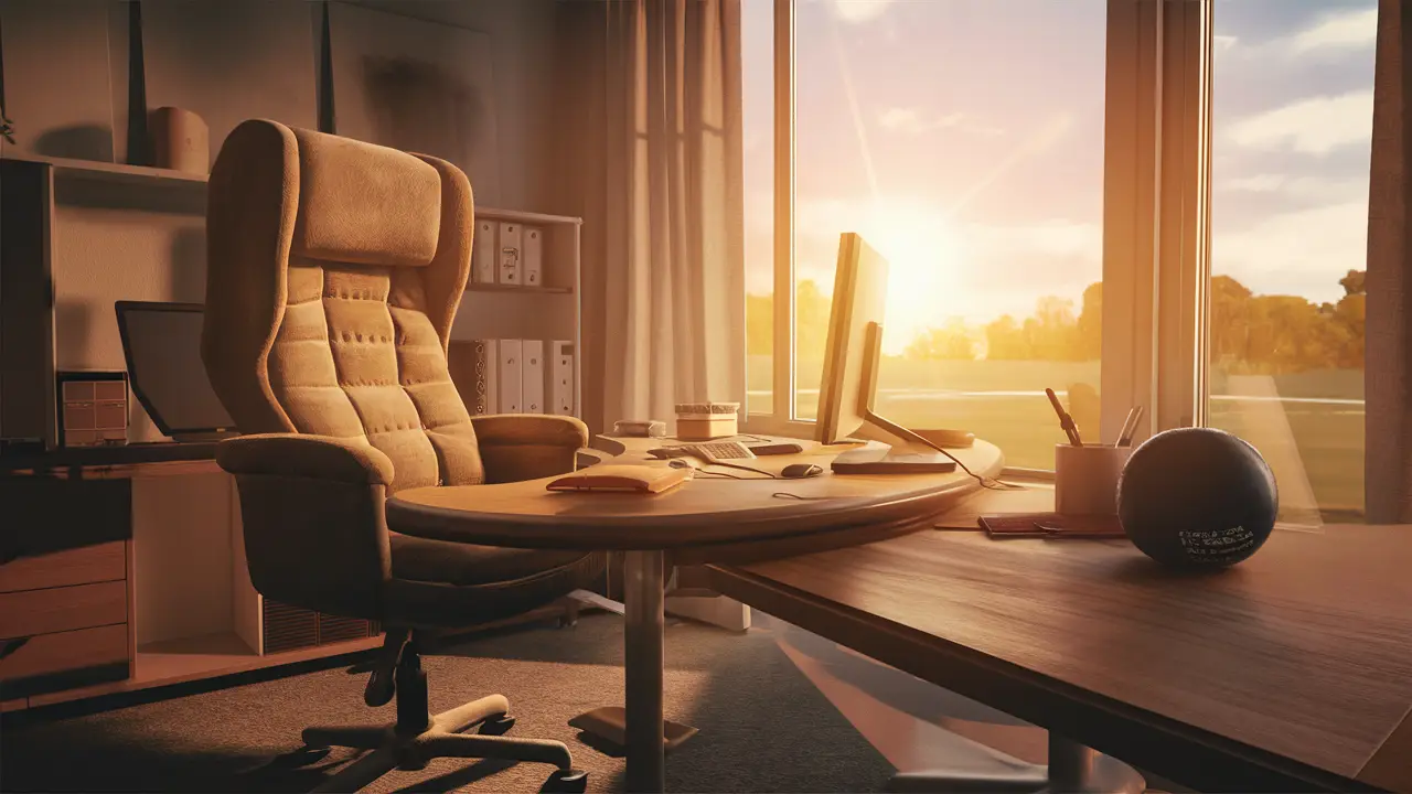 Ambiente de escritório acolhedor com mesa grande, cadeira confortável, computador e bola antistress sob luz suave.