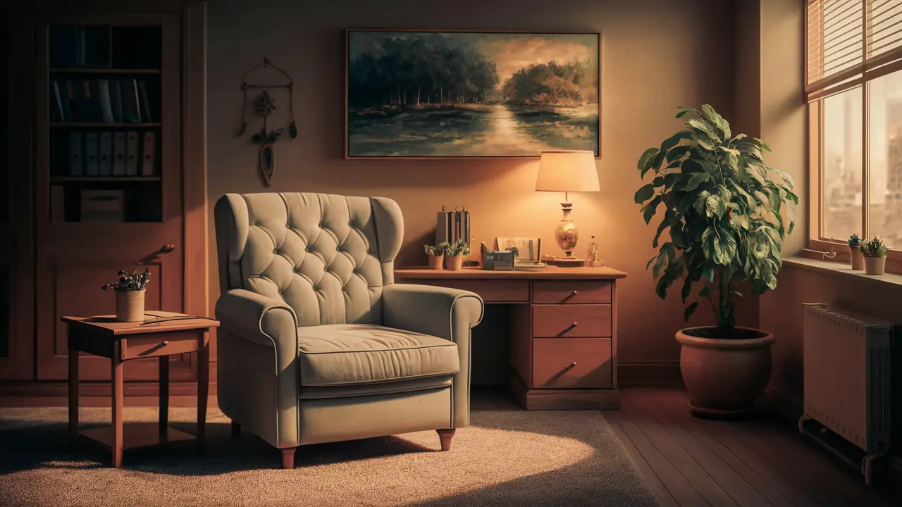 Consultório acolhedor com poltrona, mesa de madeira e planta em vaso no canto.