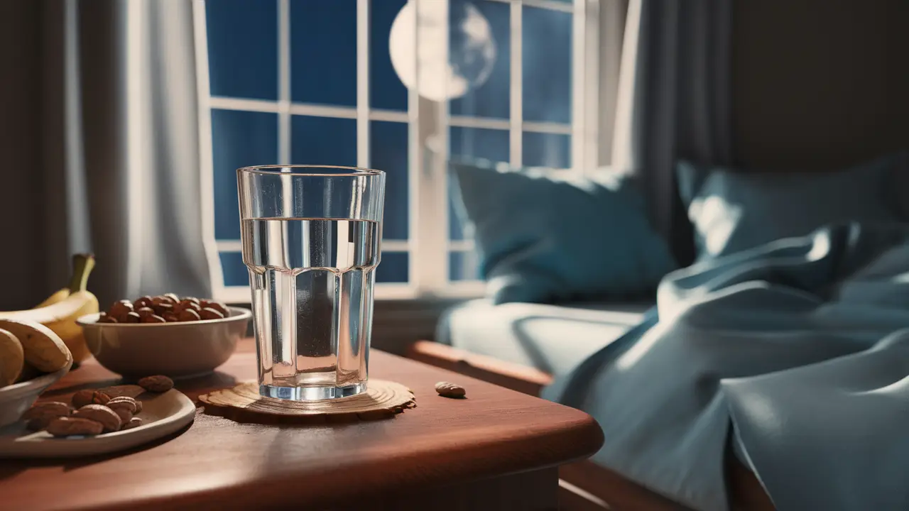 Cena de quarto com mesa de madeira, copo de água, tigela de nozes, banana e cama ao fundo iluminada pela luz da lua.