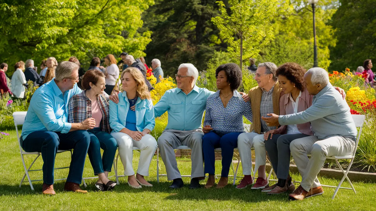 Pessoas diversas em um parque, sentadas e conversando, cercadas por árvores verdes e flores coloridas.