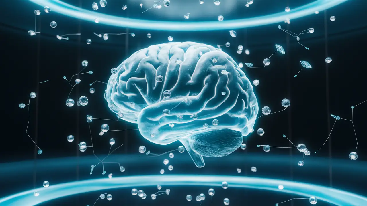 Cérebro humano flutuando em líquido azul brilhante com neurônios e sinapses em uma sala escura.