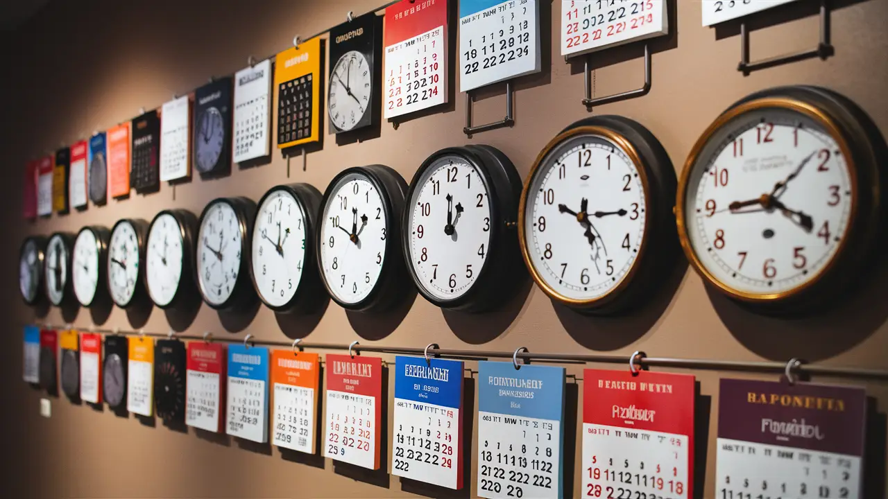 Vários relógios e calendários em uma linha do tempo na parede, destacando a passagem do tempo com cores vibrantes.