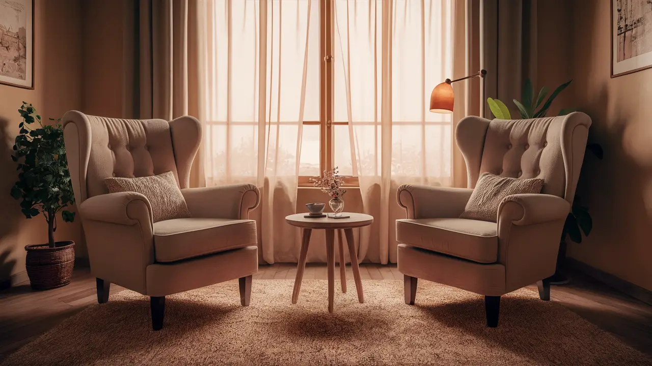 Sala de aconselhamento com duas poltronas, mesa redonda e planta no canto, iluminada por luz suave.