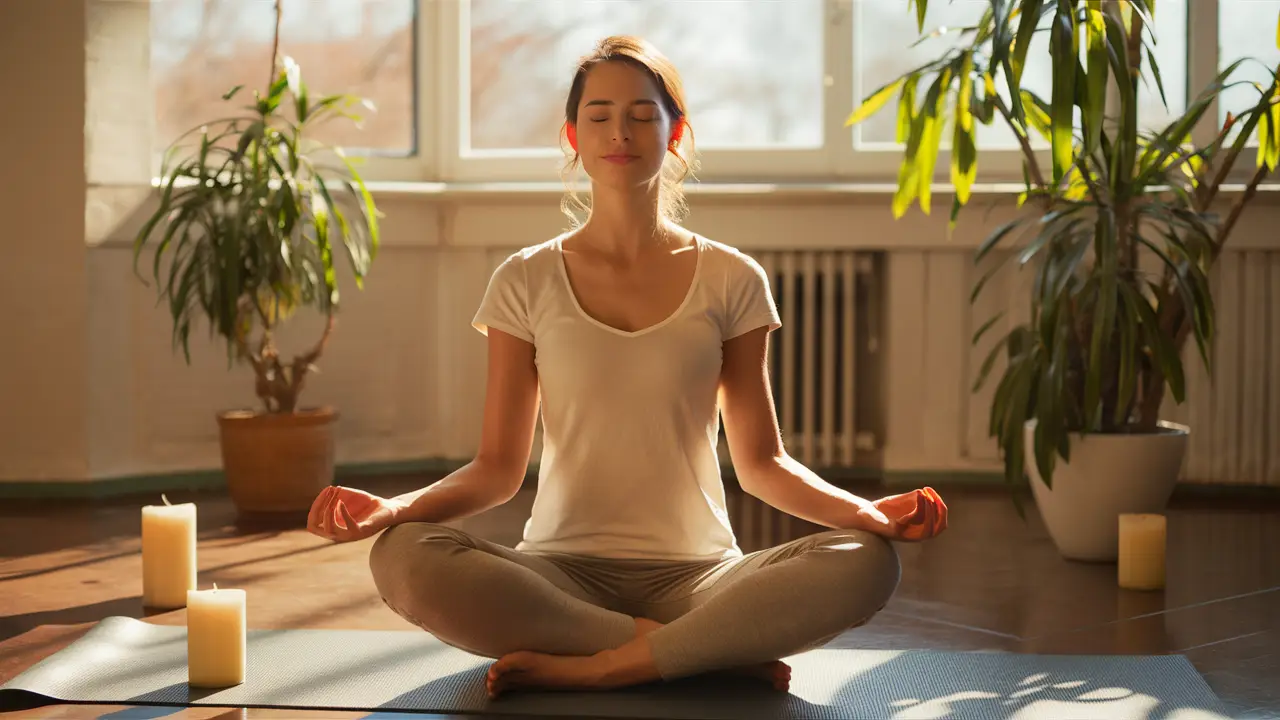 Mulher em posição de meditação em sala iluminada por sol, cercada por plantas internas e velas.