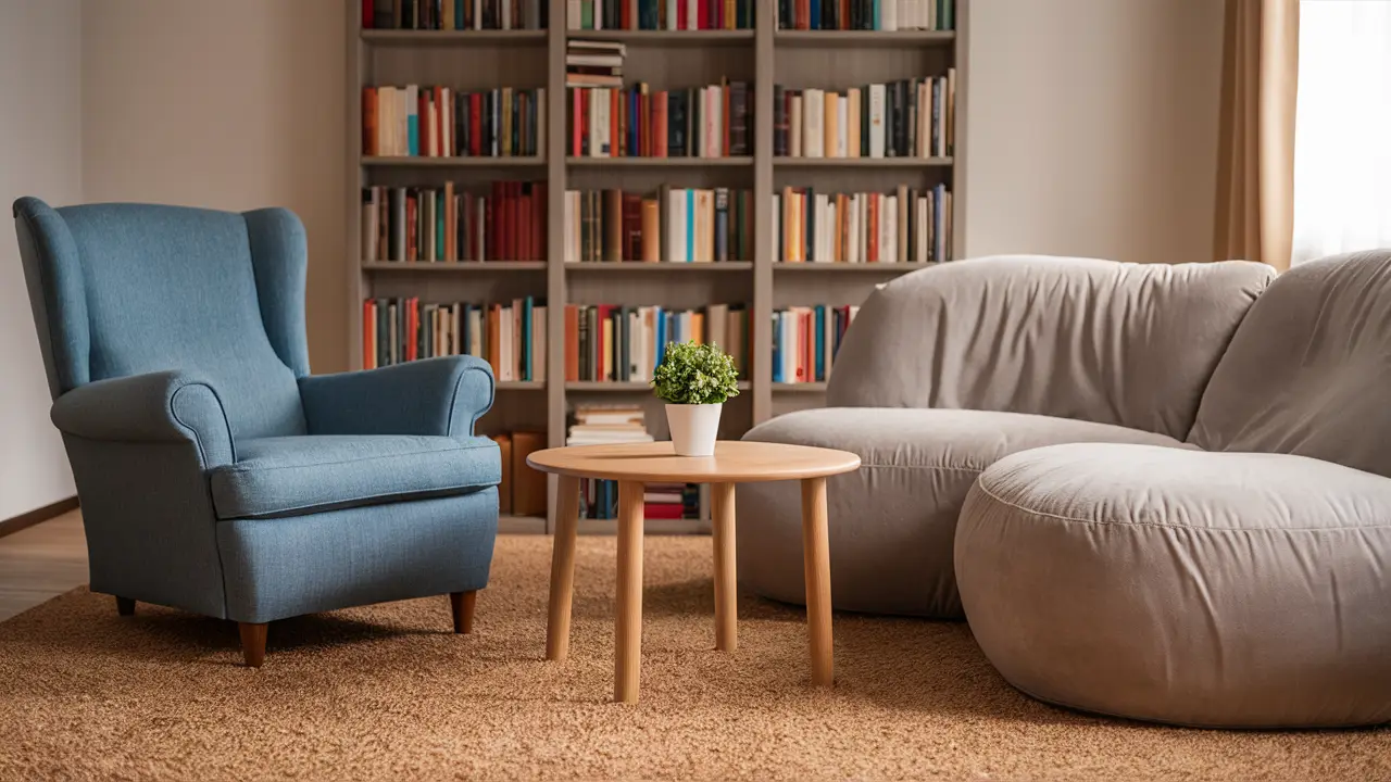 Sala de terapia com poltrona azul, mesa de madeira com planta, sofá cinza e estante de livros ao fundo.