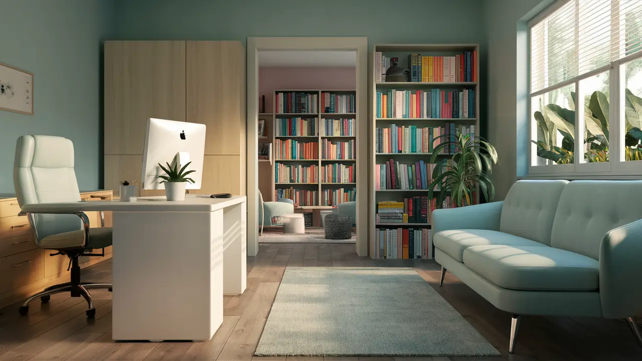 Sala de clínica moderna com sofá azul claro, mesa branca, computador, planta e janela grande com luz natural e plantas visíveis.