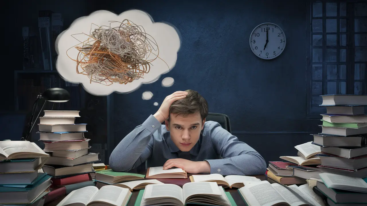 Homem jovem dormindo em cima de livros em uma mesa bagunçada às 3 da manhã, simbolizando confusão mental.