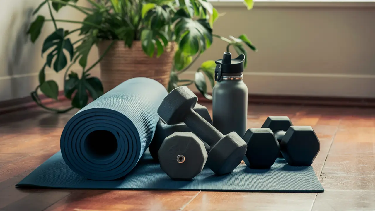 Equipamentos de exercícios em chão de madeira com planta verde ao fundo iluminados por luz natural suave.