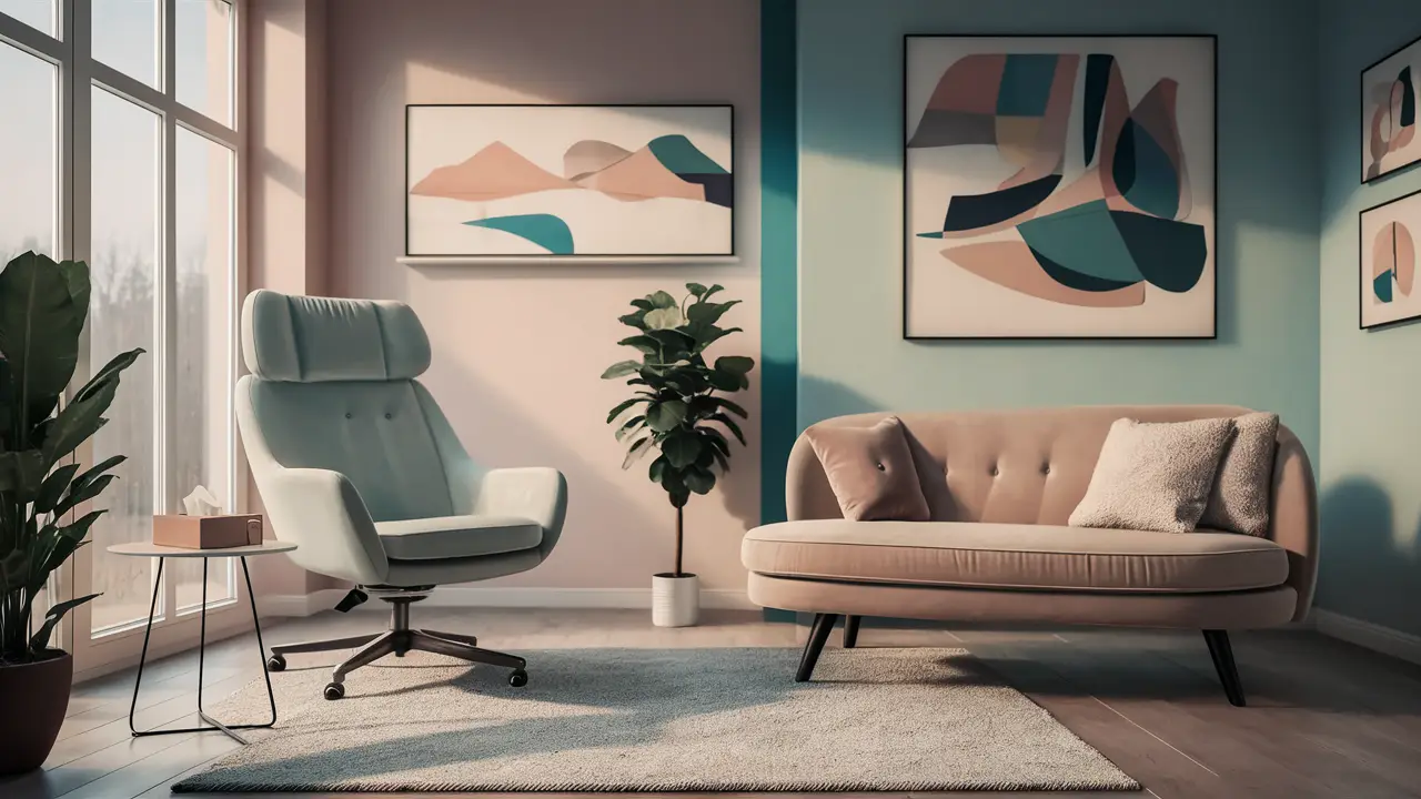 Consultório de psicoterapia com sofá e cadeira, janela ampla, paredes em tons pastel e arte abstrata.