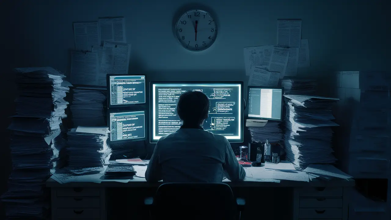 Pessoa em uma sala escura com mesa desorganizada, papéis empilhados e tela de computador mostrando árvores de decisão.