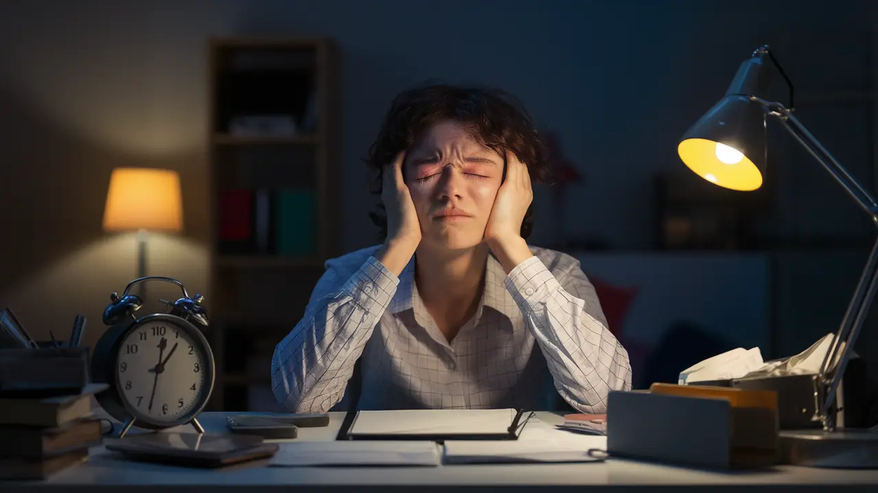Pessoa com olhos semicerrados em uma mesa desorganizada, com relógio marcando 3 a.m. e lâmpada fraca iluminando.