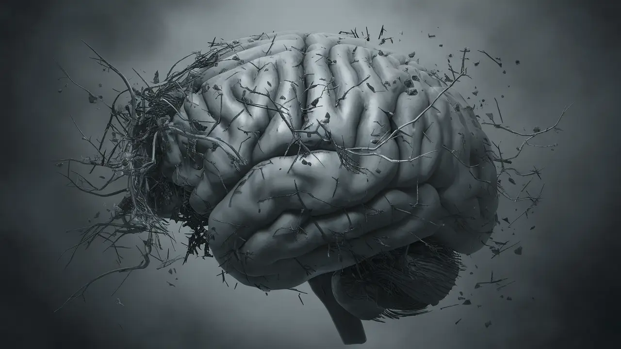 Cérebro humano com redes neurais complexas em tons de cinza cercado por ambiente escuro e nebuloso.