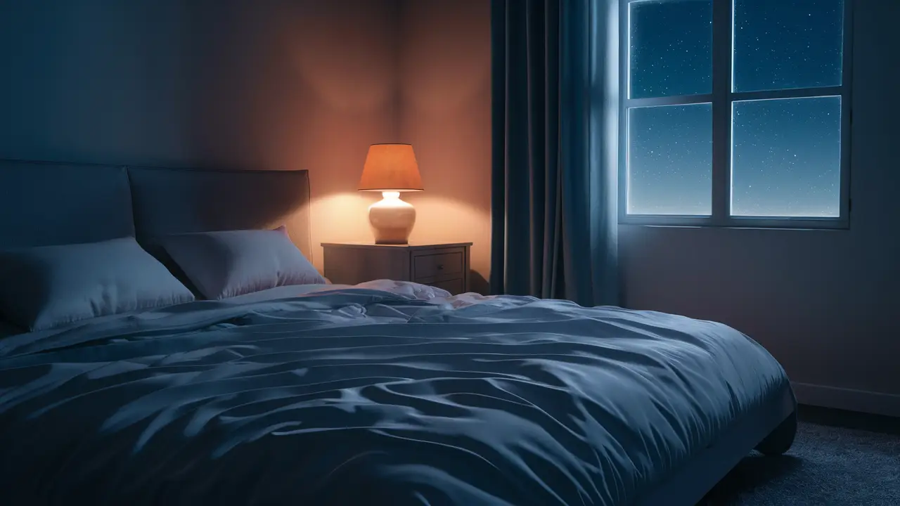 Quarto sereno à noite com cama grande e lençóis brancos, criado-mudo com lâmpada acesa e janela com céu estrelado.