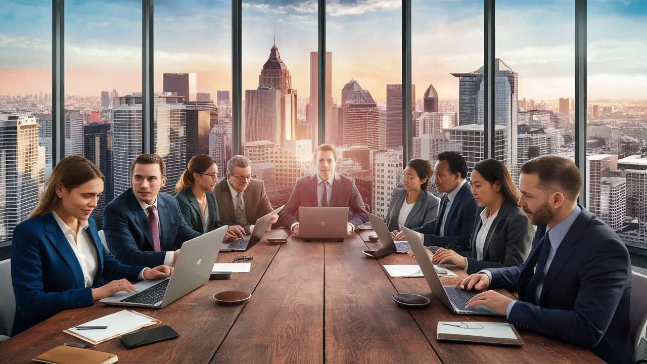 Profissionais discutindo estratégia em uma mesa de conferência com laptops, cidade ao fundo.