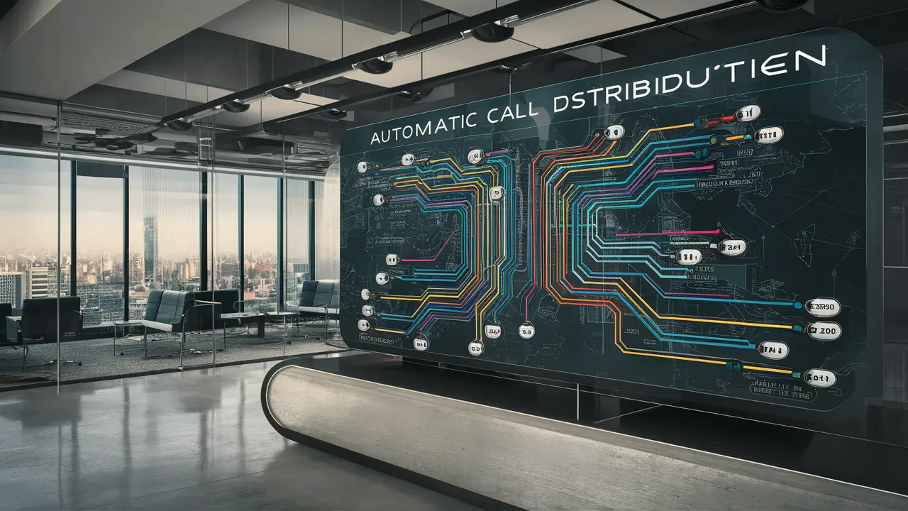 Digital dashboard with network map illustrating call distribution in an office.