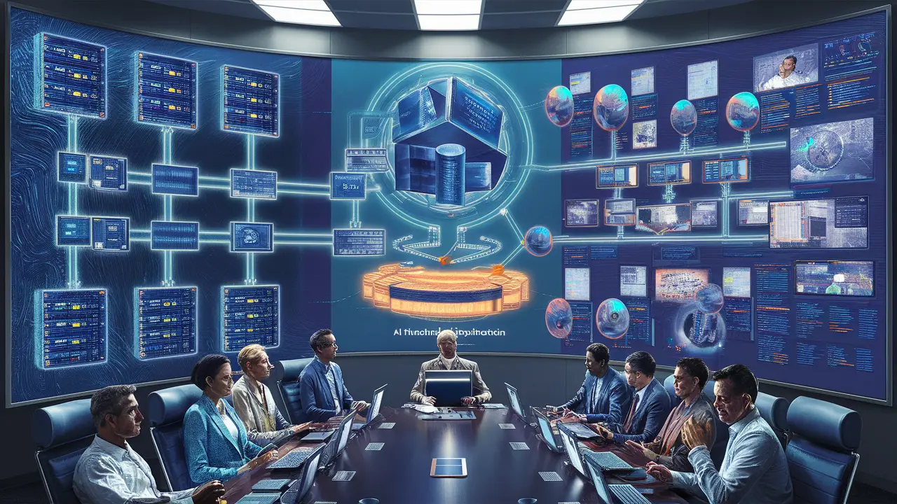 Diverse engineers analyzing AI-driven call distribution system on digital screens in modern office.