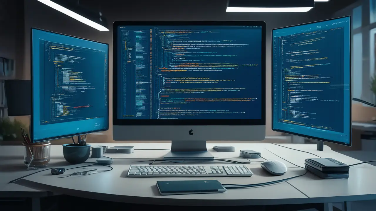 Computer screen with Java and Spring code snippet surrounded by a keyboard on a desk.