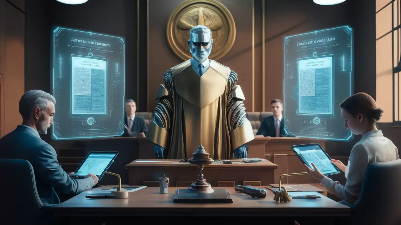 Tribunal futurista com hologramas exibindo documentos legais e um juiz IA em robe metálico elegante.