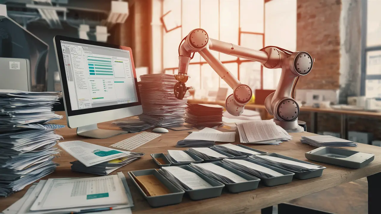 Braço robótico organizando documentos em uma mesa de escritório moderna com um computador exibindo software de automação.