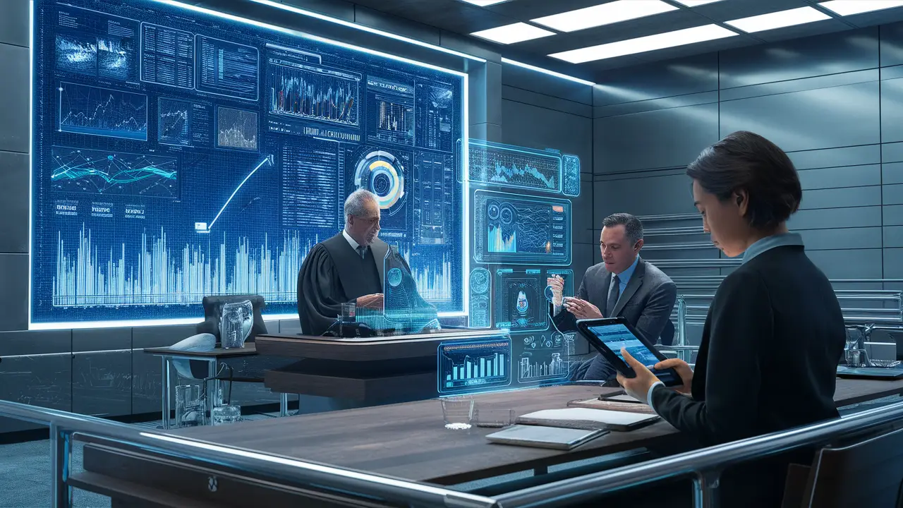 Tribunal futurista com tela digital mostrando gráficos complexos, juiz e advogados analisando dados preditivos.