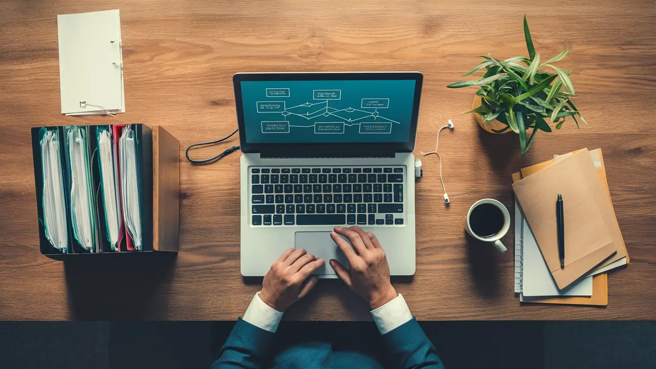 Escritório organizado com laptop exibindo fluxograma digital, arquivos, café e planta sobre superfície de madeira.