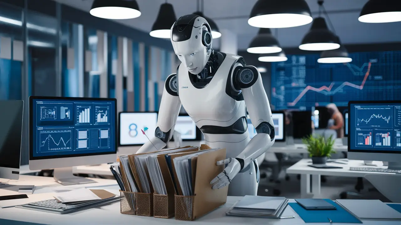 Robô humanoide organizando documentos em mesa de escritório moderno com telas mostrando gráficos e agendas.