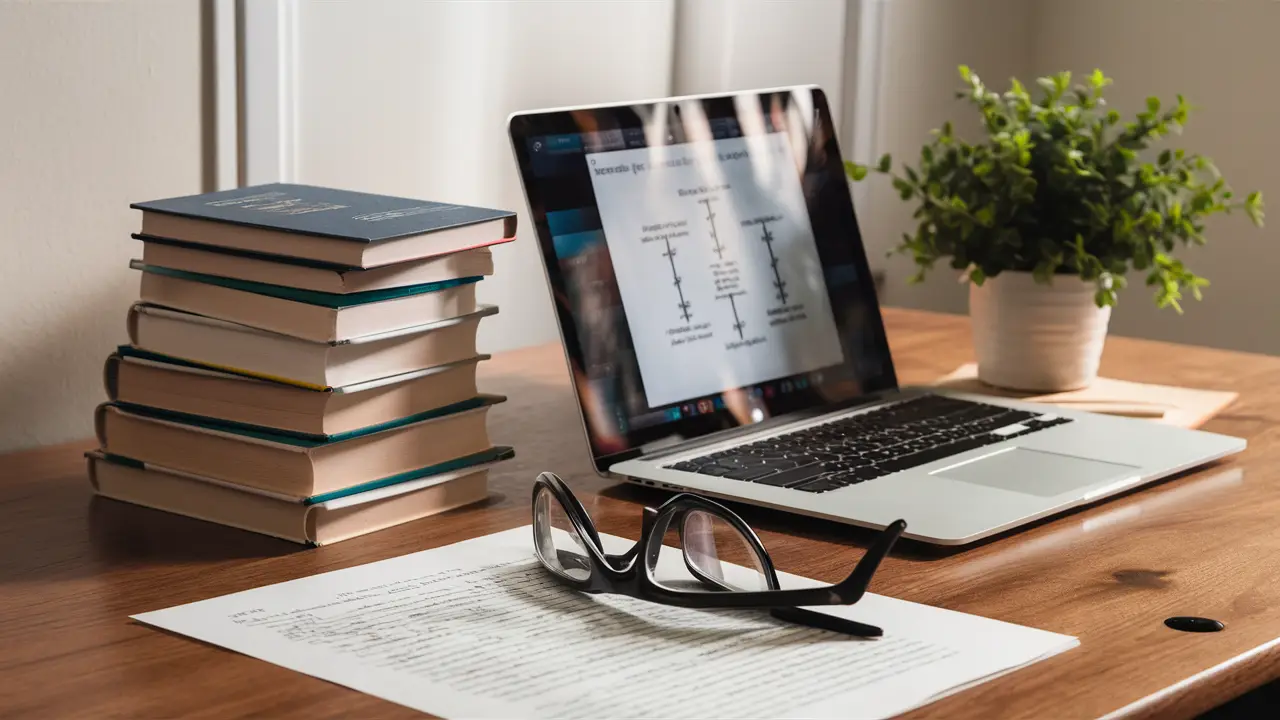 Escrivaninha com livros empilhados, laptop prateado mostrando diagrama, planta em vaso branco e óculos sobre papel com anotações.