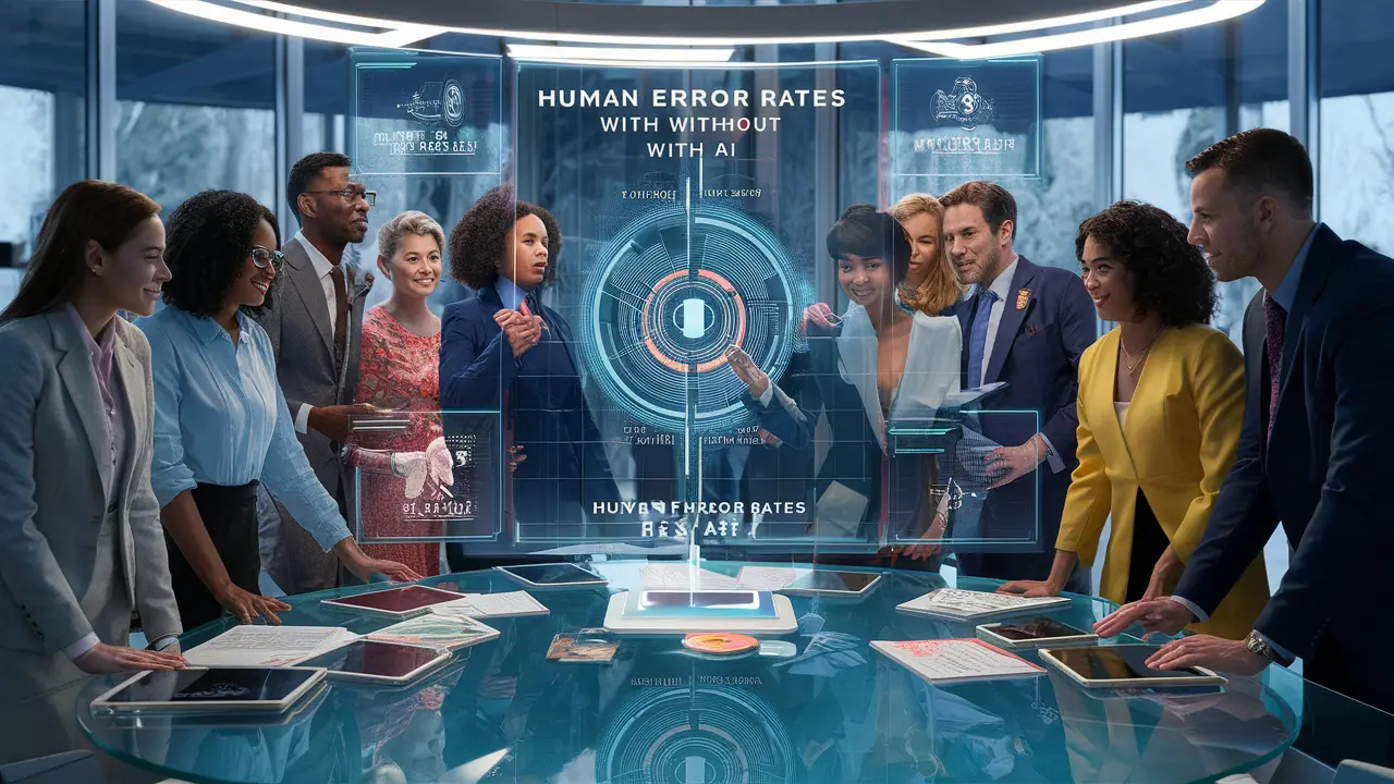 Pessoas observando um display holográfico comparando taxas de erro humano com e sem IA em um escritório futurista.