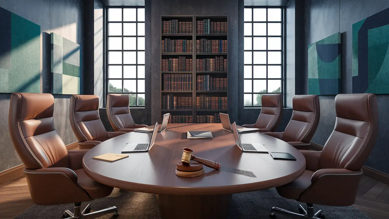 Sala de arbitragem moderna com mesa oval de madeira, laptops, caderno e martelo, arte abstrata nas paredes e estante de livros ao fundo.