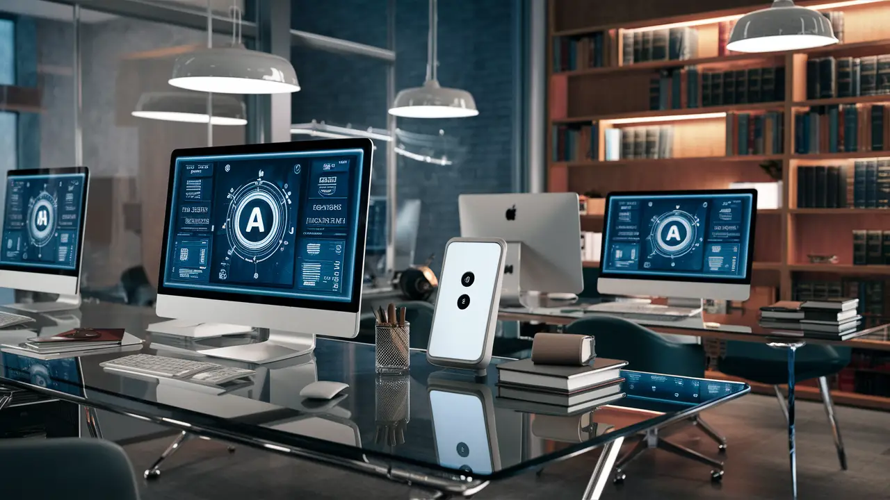 Escritório de advocacia moderno com mesas de vidro, computadores exibindo software de IA e estante com livros jurídicos.