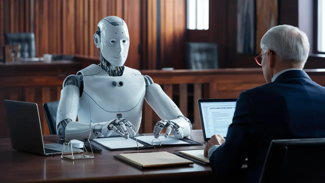Robô humanoide em uma mesa de arbitragem com documentos legais e laptop, ao lado de um árbitro humano de terno.