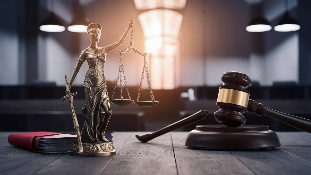 Balança de justiça dourada com robô prateado segurando documentos legais em tribunal moderno.