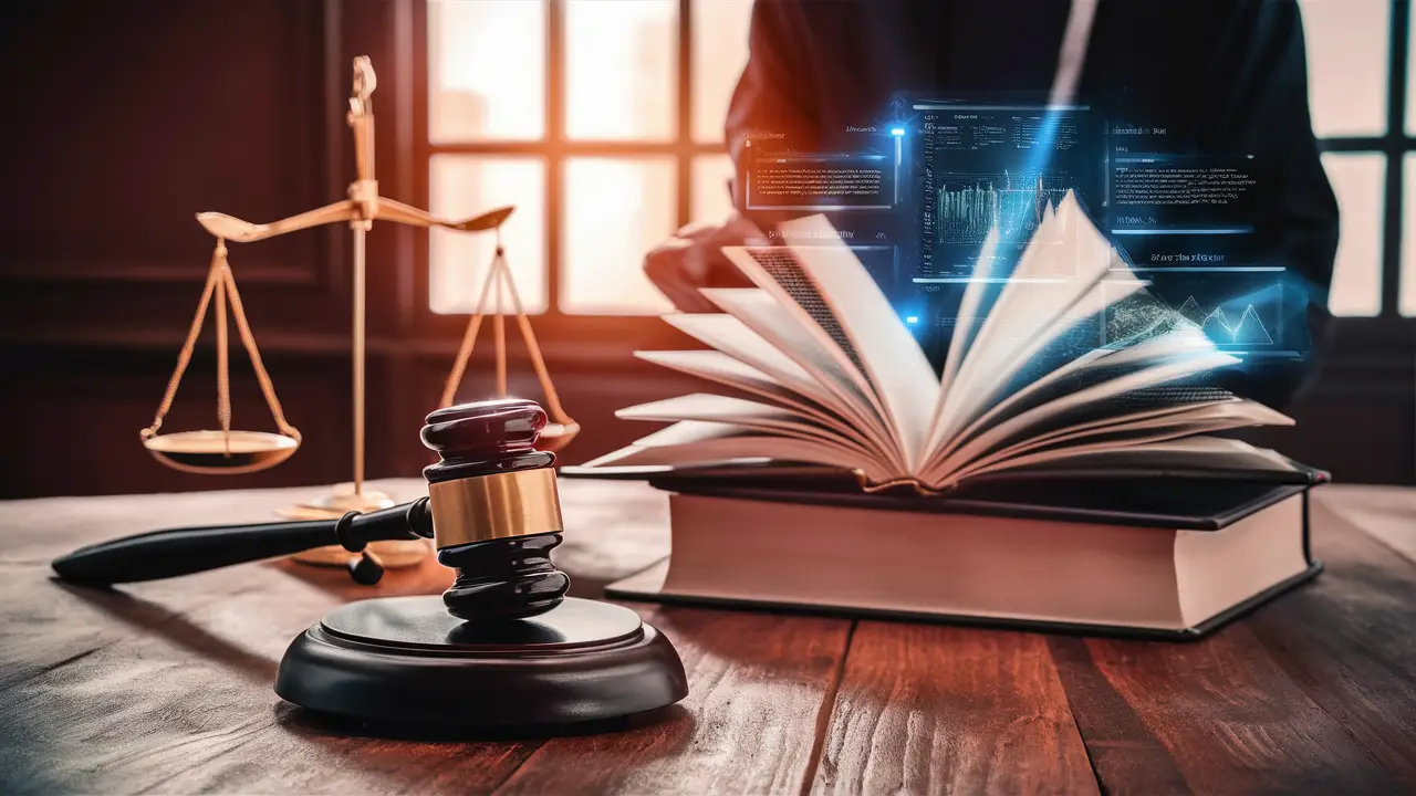 Interface digital sobre livro de leis, martelo de juiz e balança da justiça.