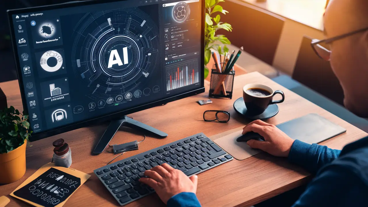 Software de IA na tela do computador em uma mesa com café e planta ao fundo.