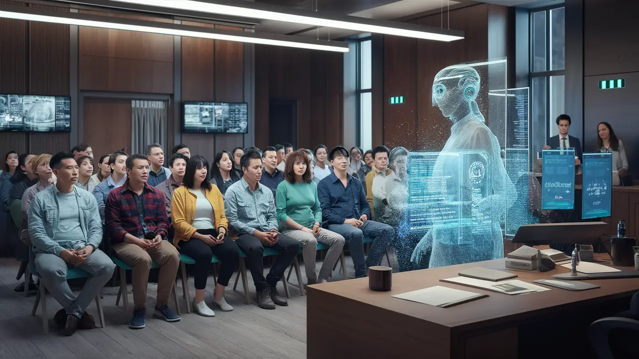 Pessoas diversas em uma sala de tribunal moderna com assistente legal holográfico explicando informações jurídicas.