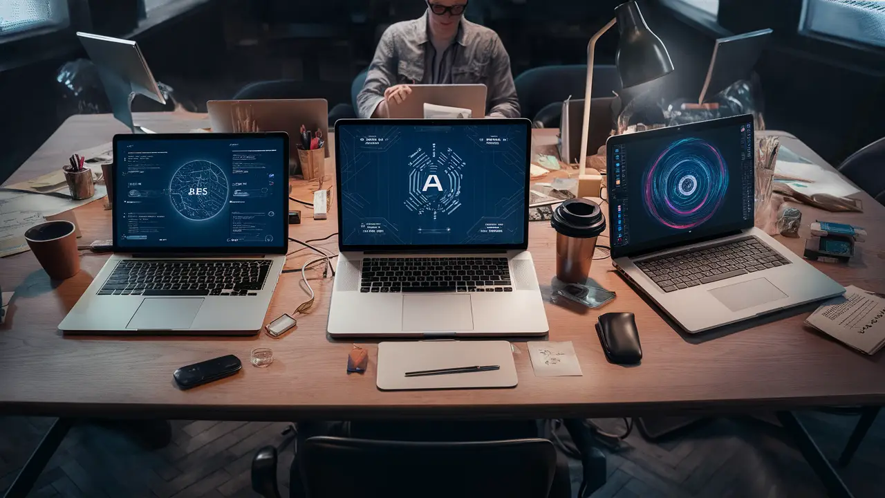 Três laptops abertos em uma mesa mostrando interfaces de plataformas de IA diferentes com suprimentos de escritório ao redor.