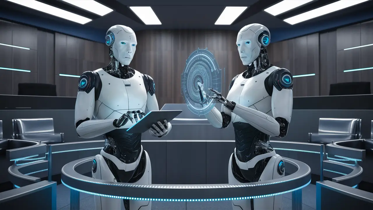 Dois robôs humanoides futuristas em um tribunal moderno com tablet digital e holograma.