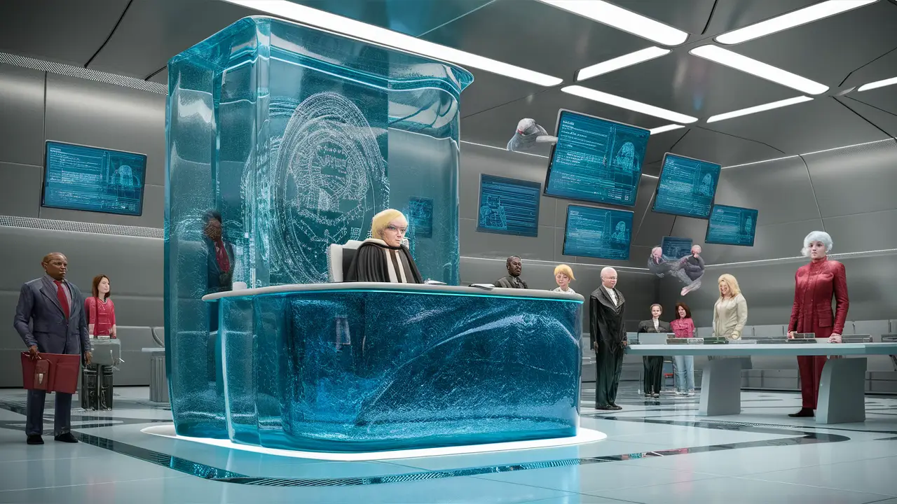 Cenário de tribunal futurista com bancada holográfica e avatares de IA exibindo documentos digitais.