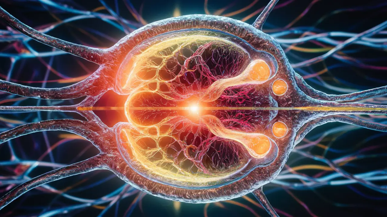 Seção transversal detalhada de uma rede neural com nós interconectados e fluxo de dados colorido.