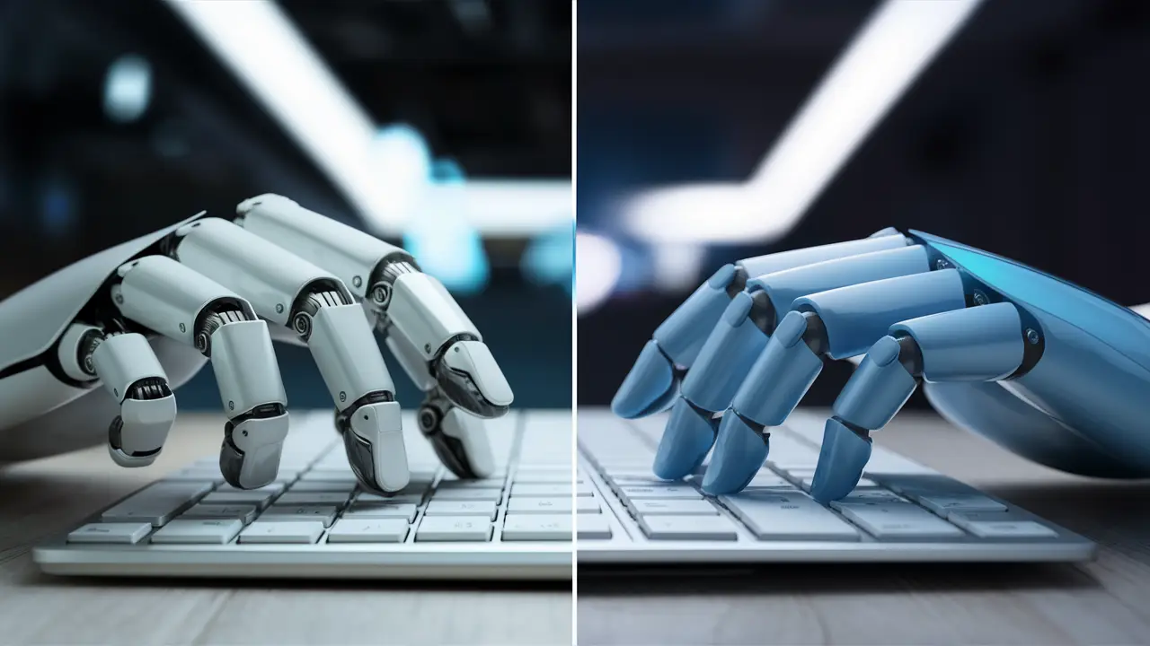 Mãos robóticas, uma de metal prateado e outra de plástico azul, digitando em teclados separados em tela dividida.