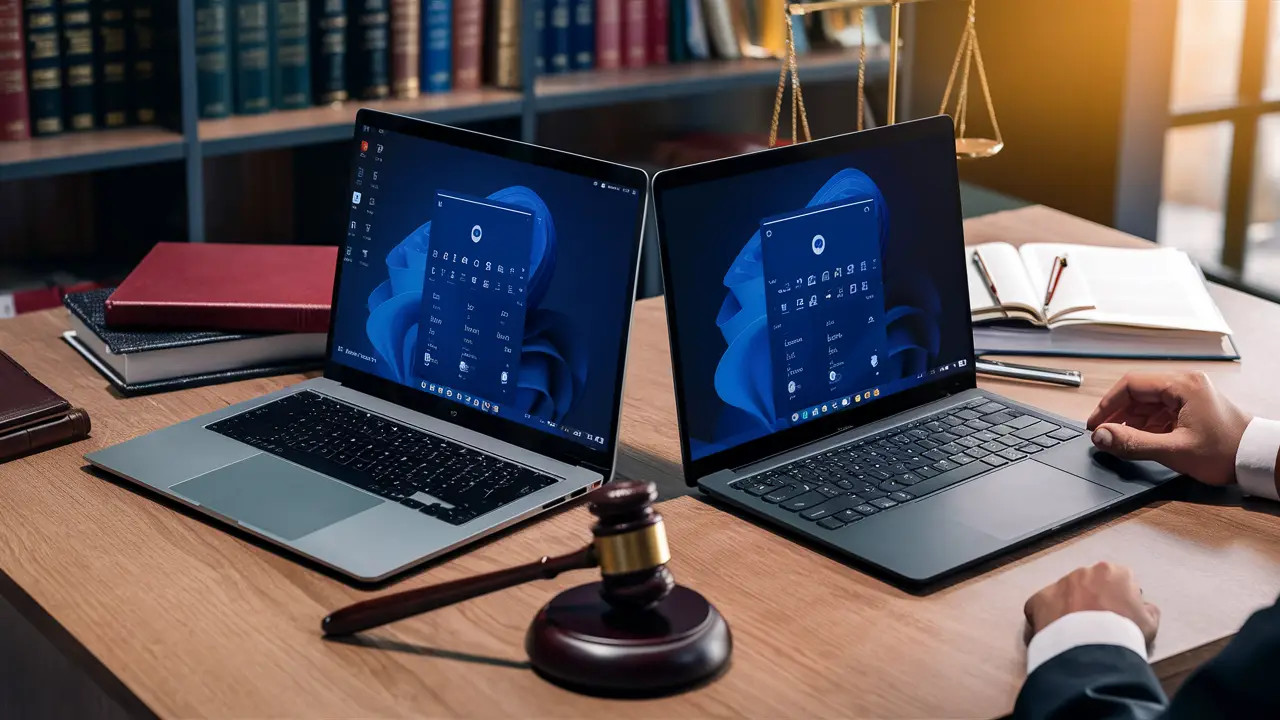 Duas telas de laptop exibindo interfaces diferentes em uma mesa de advogado com livros de direito e martelo.