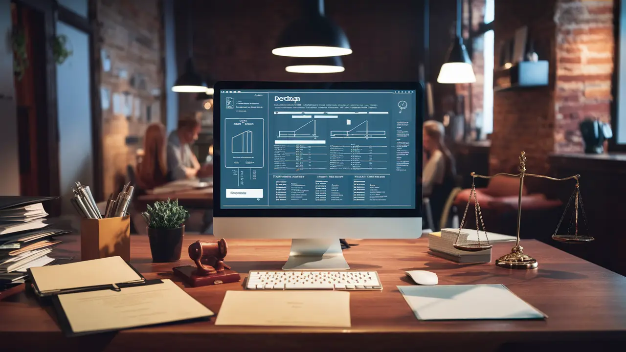 Computador com software de redação automática de petições em um escritório de advocacia moderno.