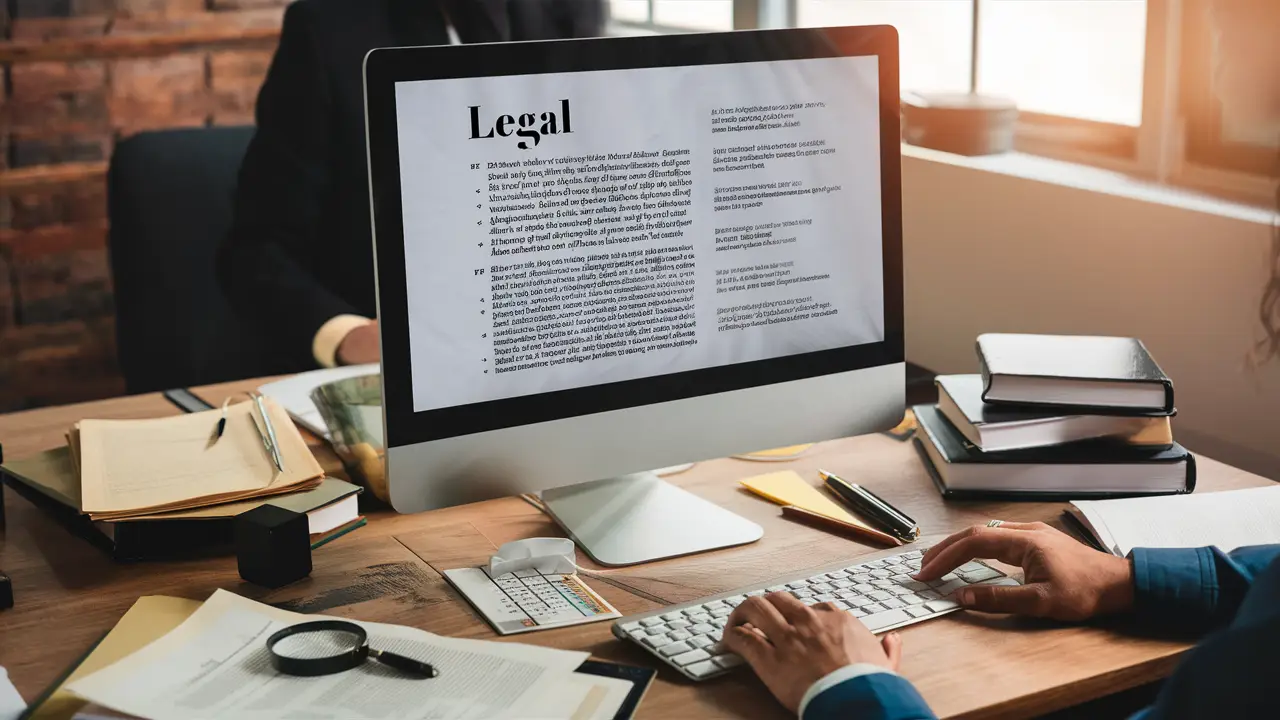 Computador em mesa de escritório exibindo documento jurídico com texto destacado, livros de direito e lupa.