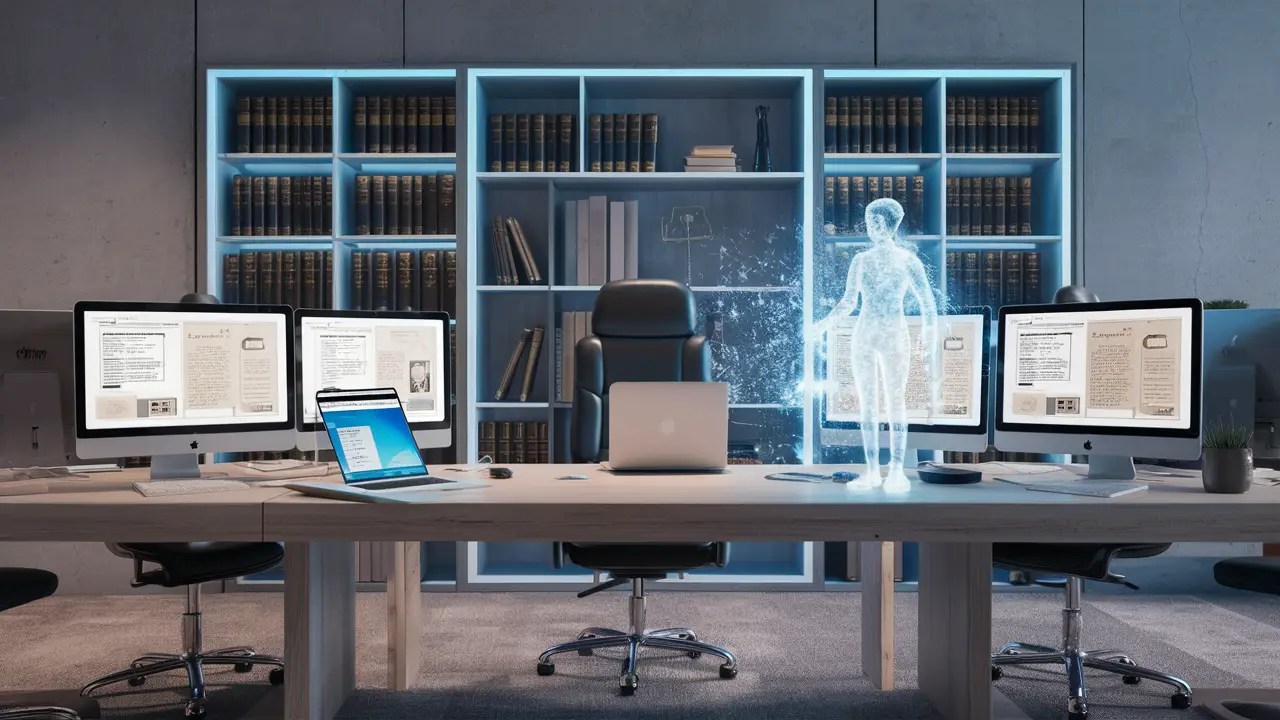 Espaço de escritório moderno com monitores de computador exibindo documentos jurídicos e holograma de assistente digital.