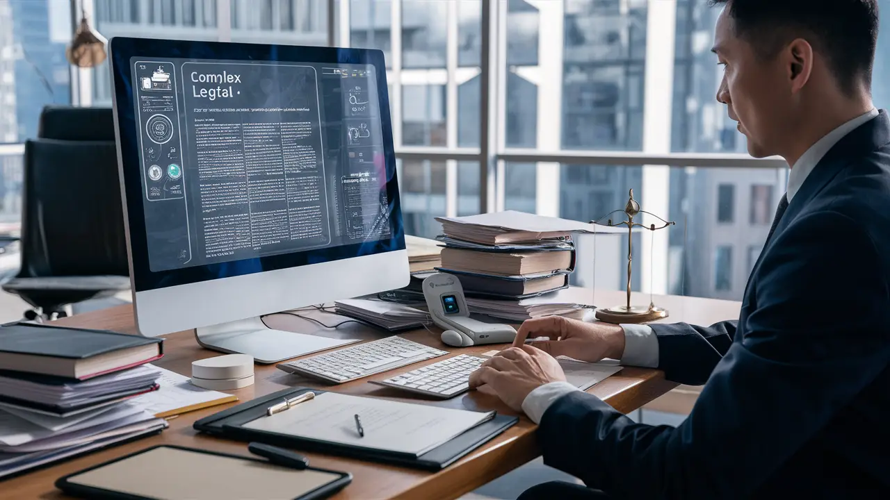 Advogado em escritório moderno com computador exibindo documento jurídico e assistente digital ao lado.
